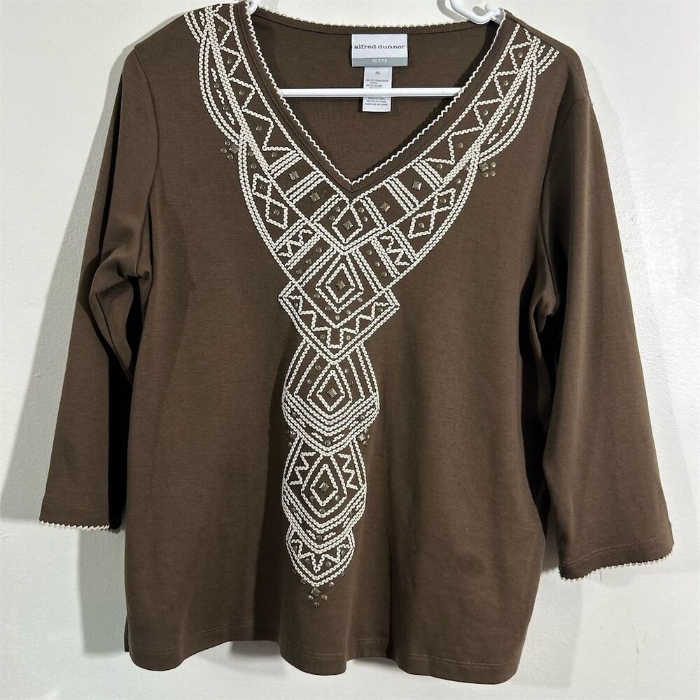 Alfred Dunner Petite Women's Embroidered Blouse Brown V-Neck S